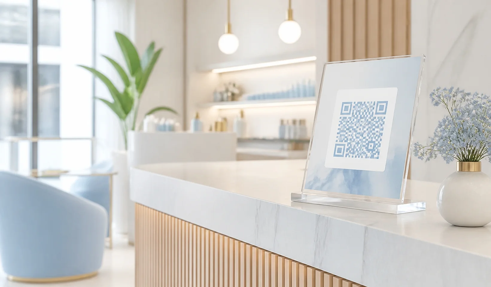 뷰티 매장 카운터의 QR 스탠드