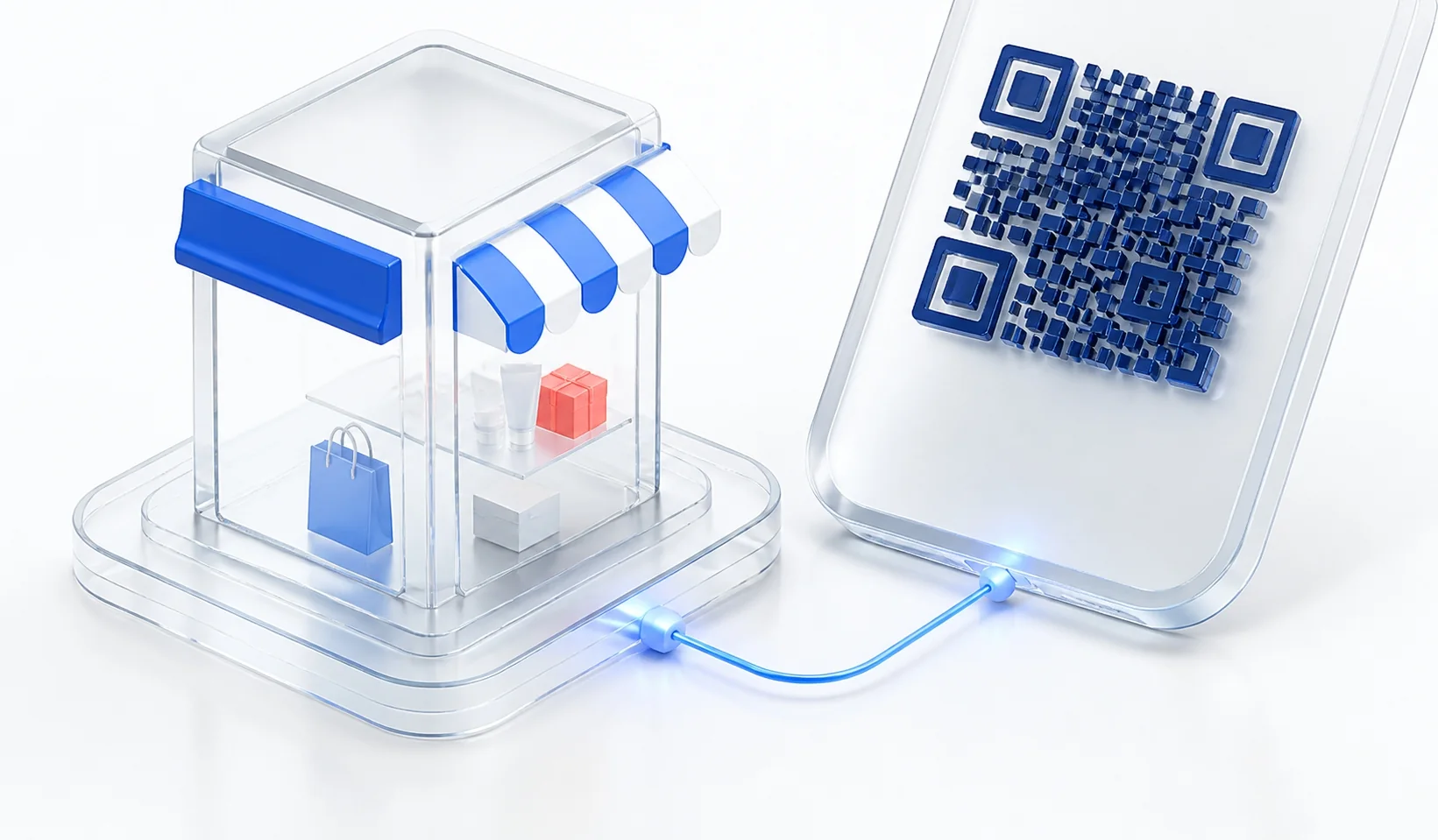 QR 스캔, 룸플러스 플랫폼, 매장, 정산으로 이어지는 구조를 표현한 3차원 이미지